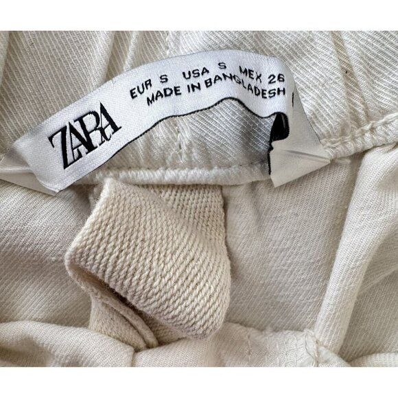 Zara High Waisted Tie Waist Cargo Pants Womens Small Beige Lyocell Cotton Linen - Picture 4 of 5